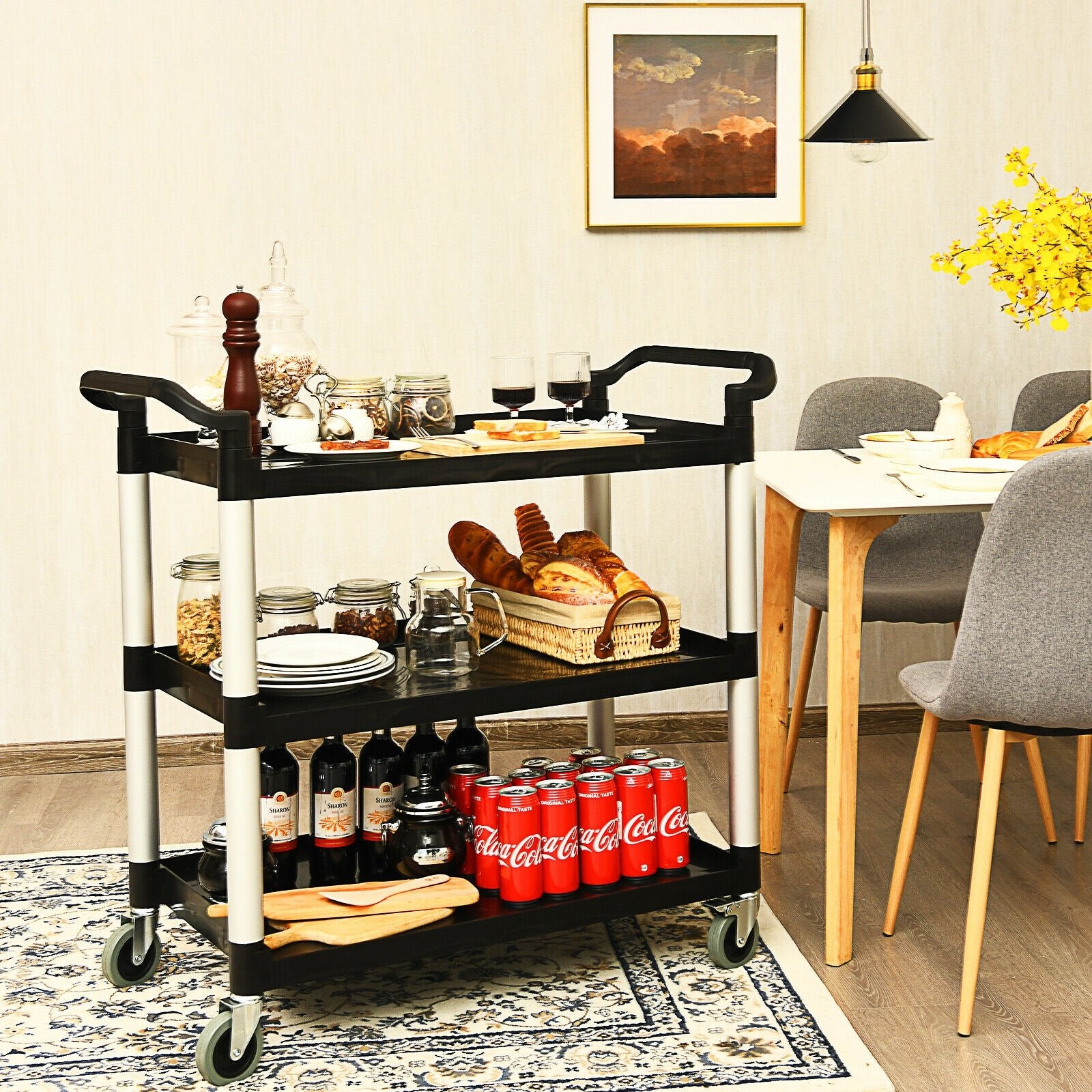 3-Shelf Utility Service Cart Aluminum Frame 490lbs Capacity with Casters, Black Kitchen Islands & Carts   at Gallery Canada