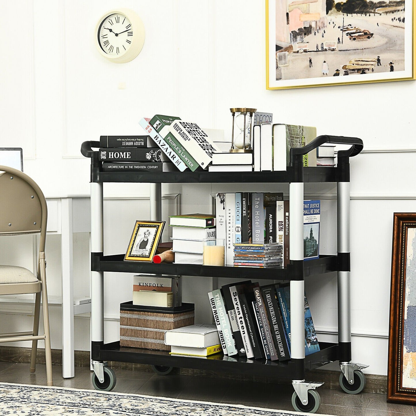 3-Shelf Utility Service Cart Aluminum Frame 490lbs Capacity with Casters, Black Kitchen Islands & Carts   at Gallery Canada