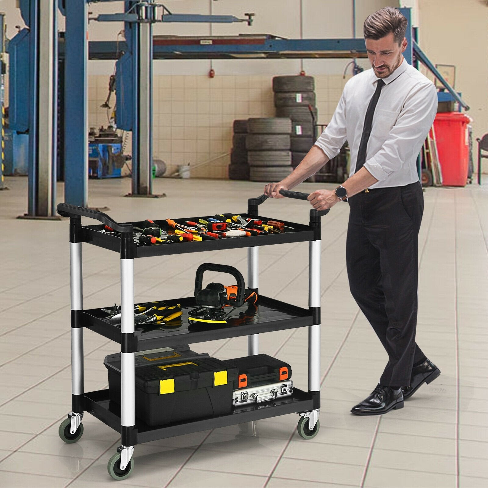 3-Shelf Utility Service Cart Aluminum Frame 490lbs Capacity with Casters, Black Kitchen Islands & Carts   at Gallery Canada