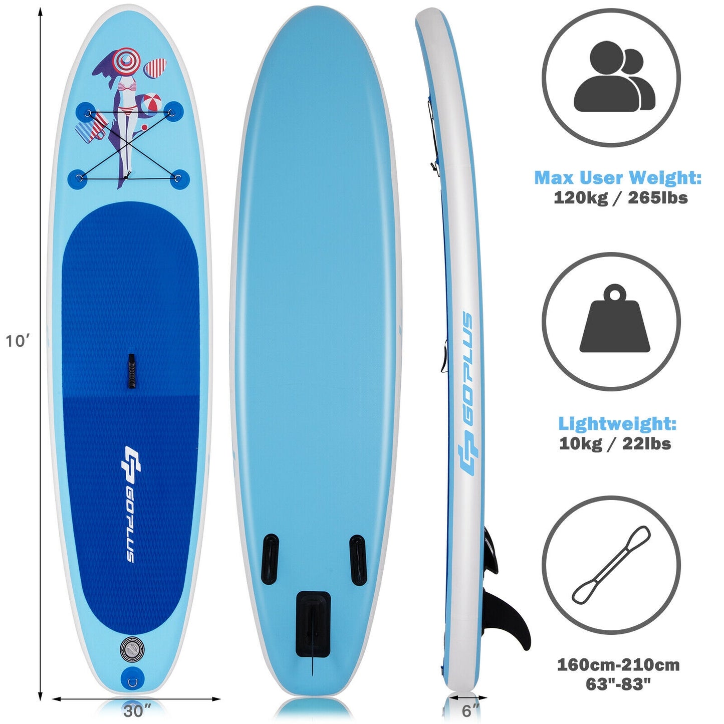 10 Feet Inflatable Stand Up Paddle Board with Adjustable Paddle Pump, Blue Surfing   at Gallery Canada