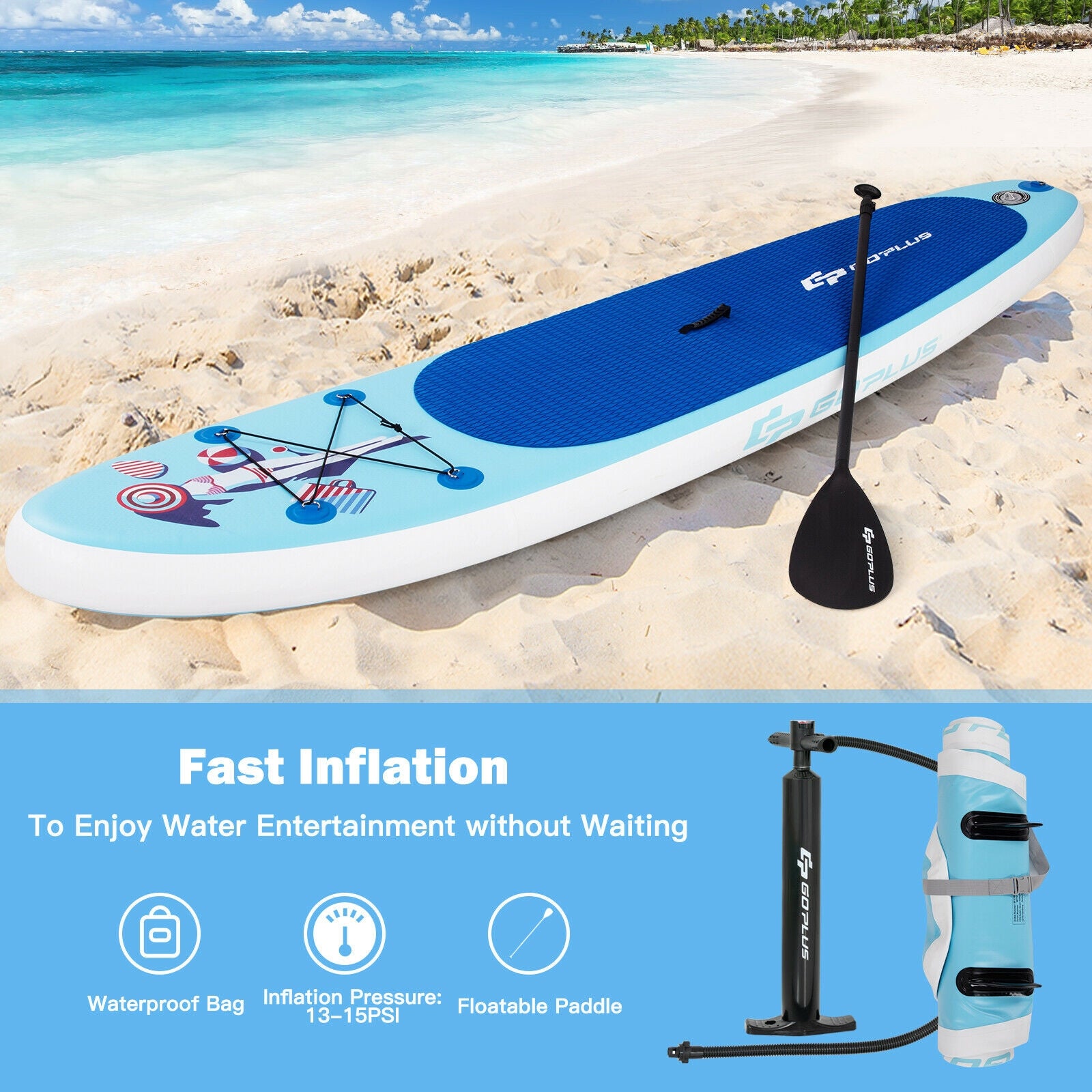 10 Feet Inflatable Stand Up Paddle Board with Adjustable Paddle Pump, Blue Surfing   at Gallery Canada