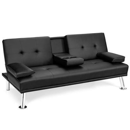 Convertible Folding Leather Futon Sofa with Cup Holders and Armrests, Black Sofas & Loveseats   at Gallery Canada