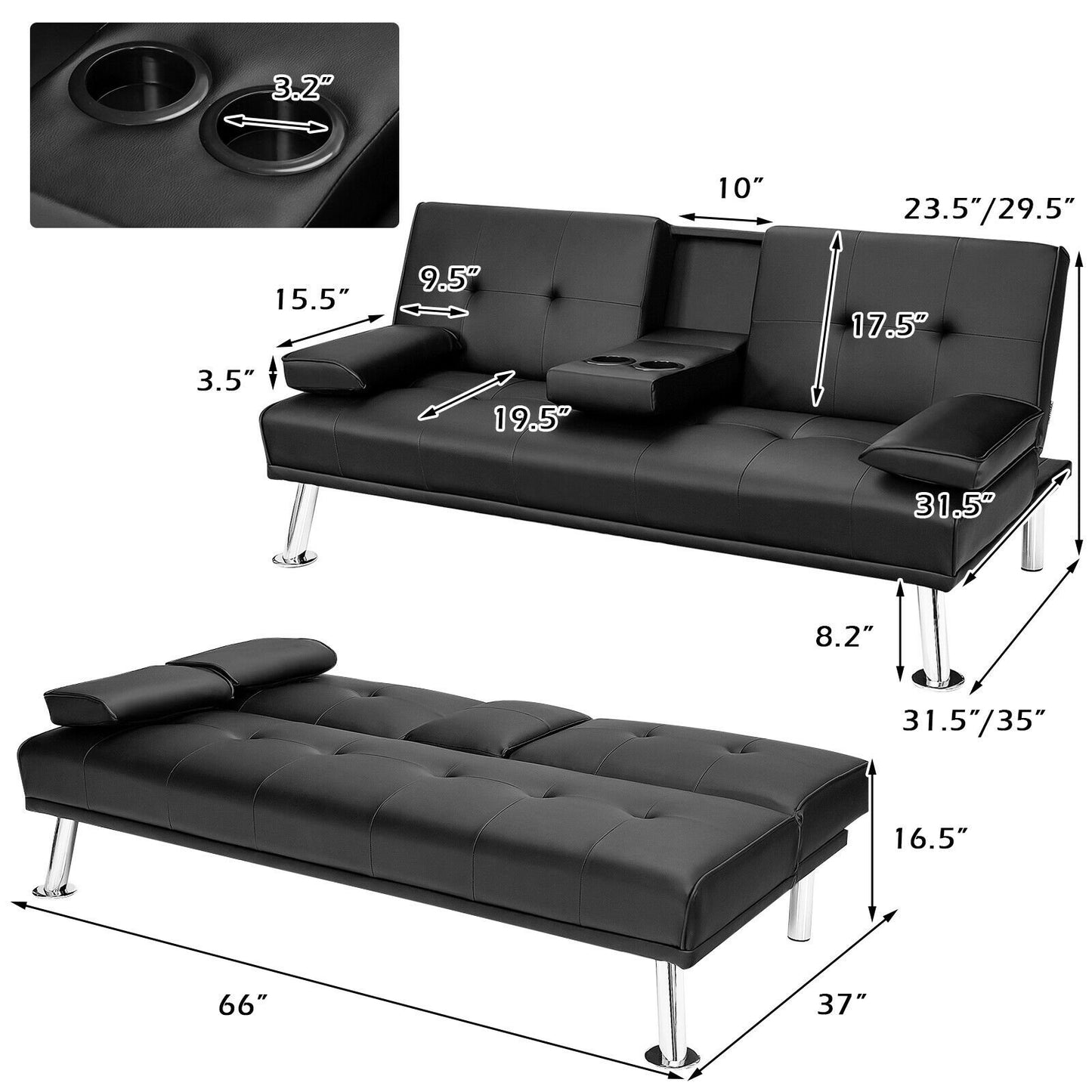 Convertible Folding Leather Futon Sofa with Cup Holders and Armrests, Black Sofas & Loveseats   at Gallery Canada