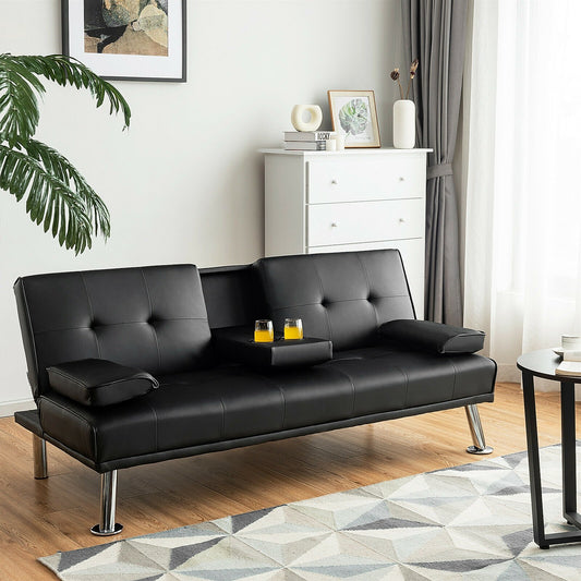 Convertible Folding Leather Futon Sofa with Cup Holders and Armrests, Black - Gallery Canada