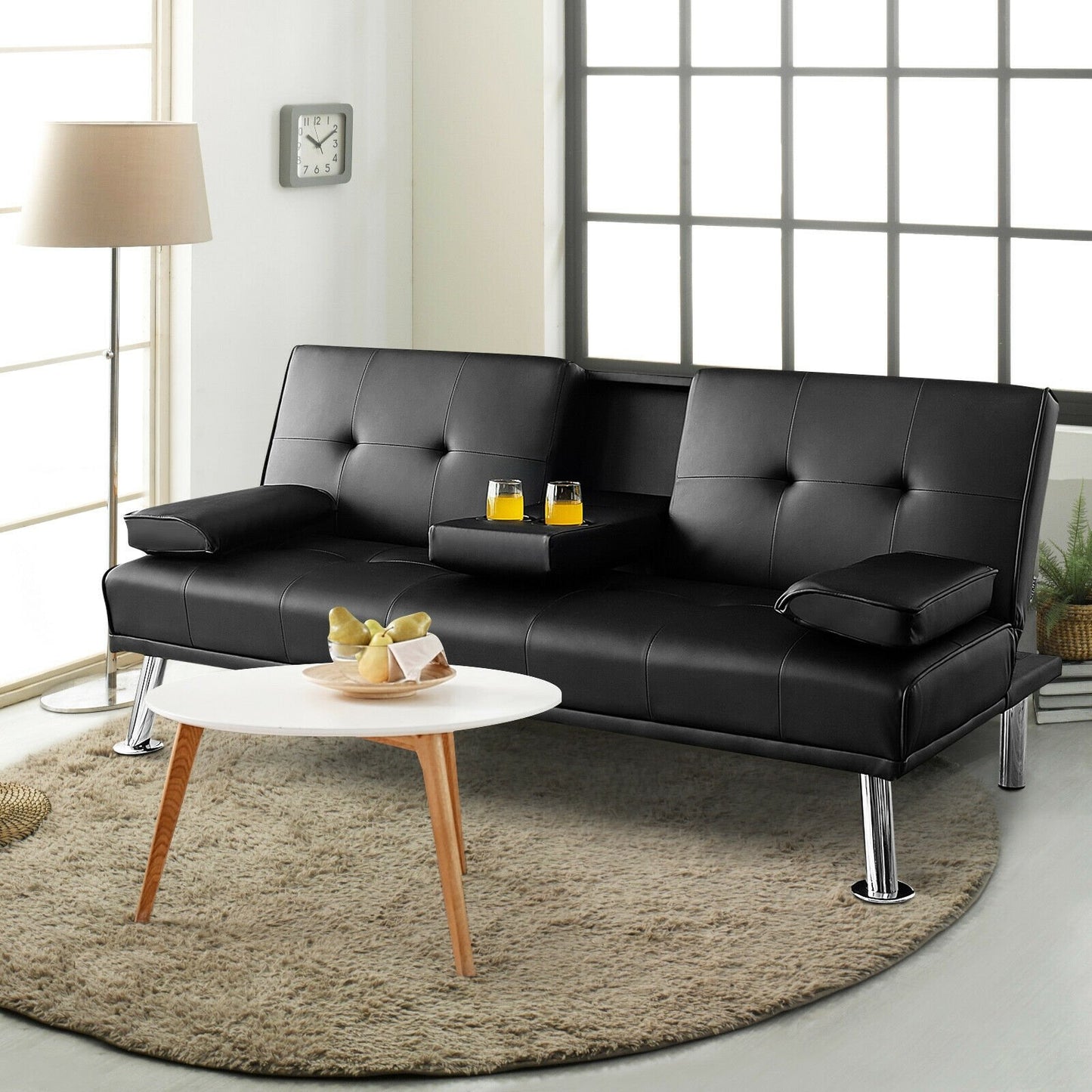 Convertible Folding Leather Futon Sofa with Cup Holders and Armrests, Black Sofas & Loveseats   at Gallery Canada