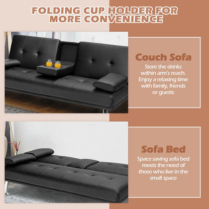 Convertible Folding Leather Futon Sofa with Cup Holders and Armrests, Black Sofas & Loveseats   at Gallery Canada