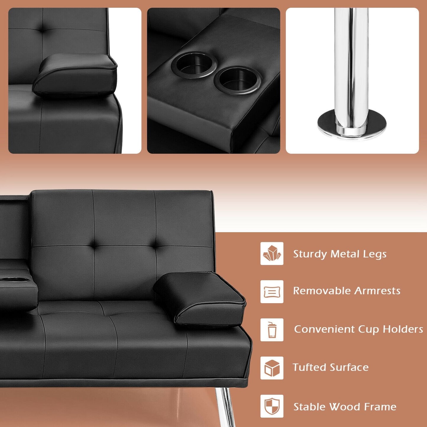 Convertible Folding Leather Futon Sofa with Cup Holders and Armrests, Black Sofas & Loveseats   at Gallery Canada