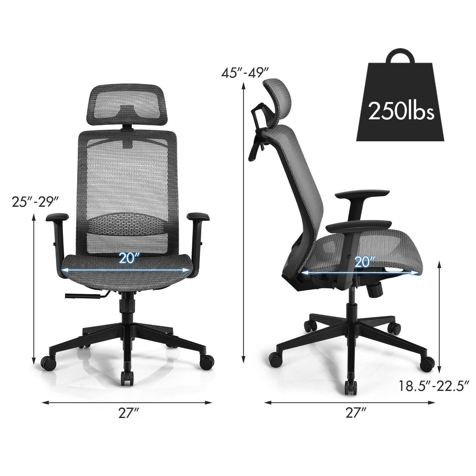 Height Adjustable Ergonomic High Back Mesh Office Chair with Hanger, Gray - Gallery Canada