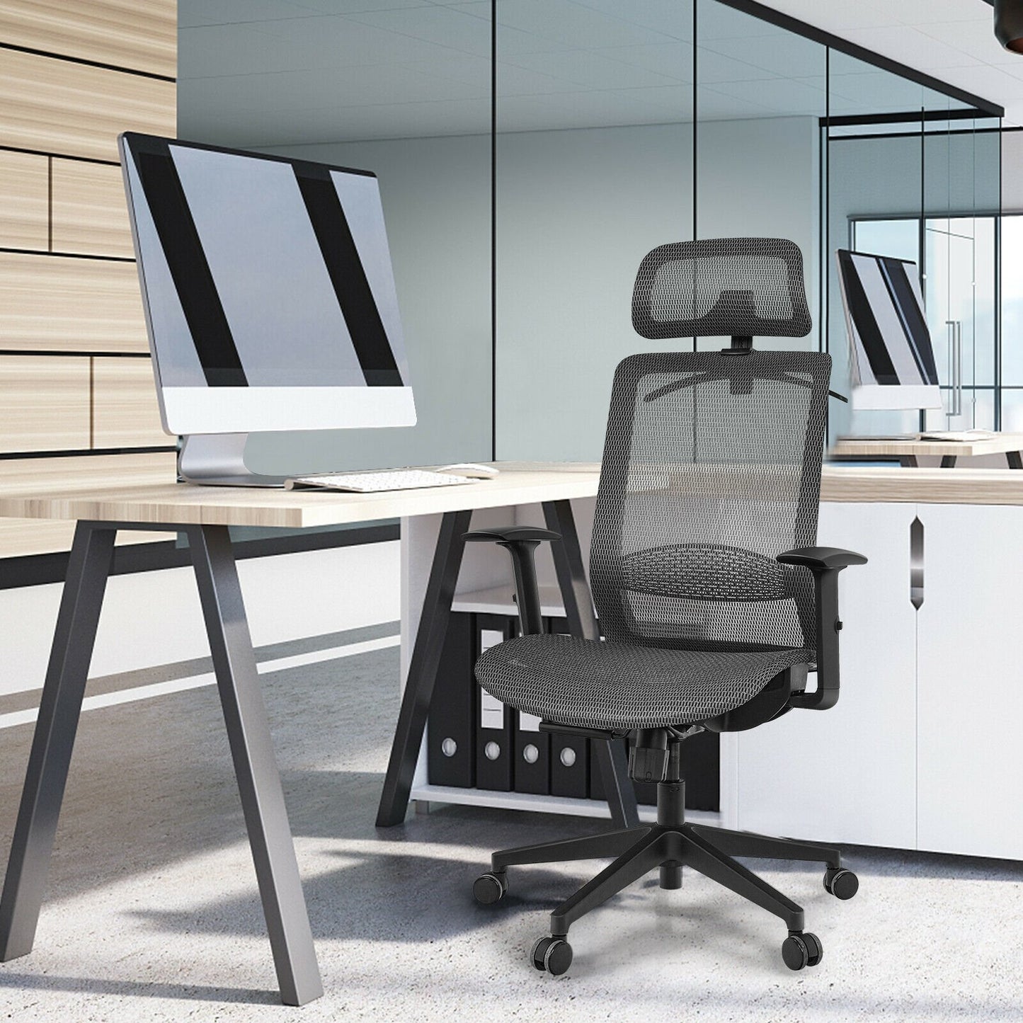 Height Adjustable Ergonomic High Back Mesh Office Chair with Hanger, Gray Ergonomic Chairs   at Gallery Canada