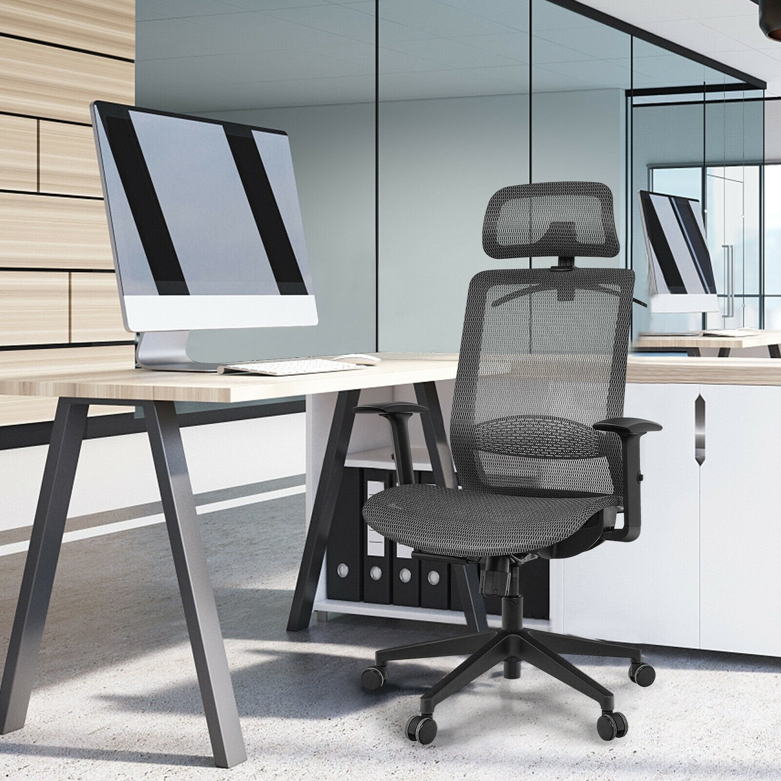 Height Adjustable Ergonomic High Back Mesh Office Chair with Hanger, Gray - Gallery Canada