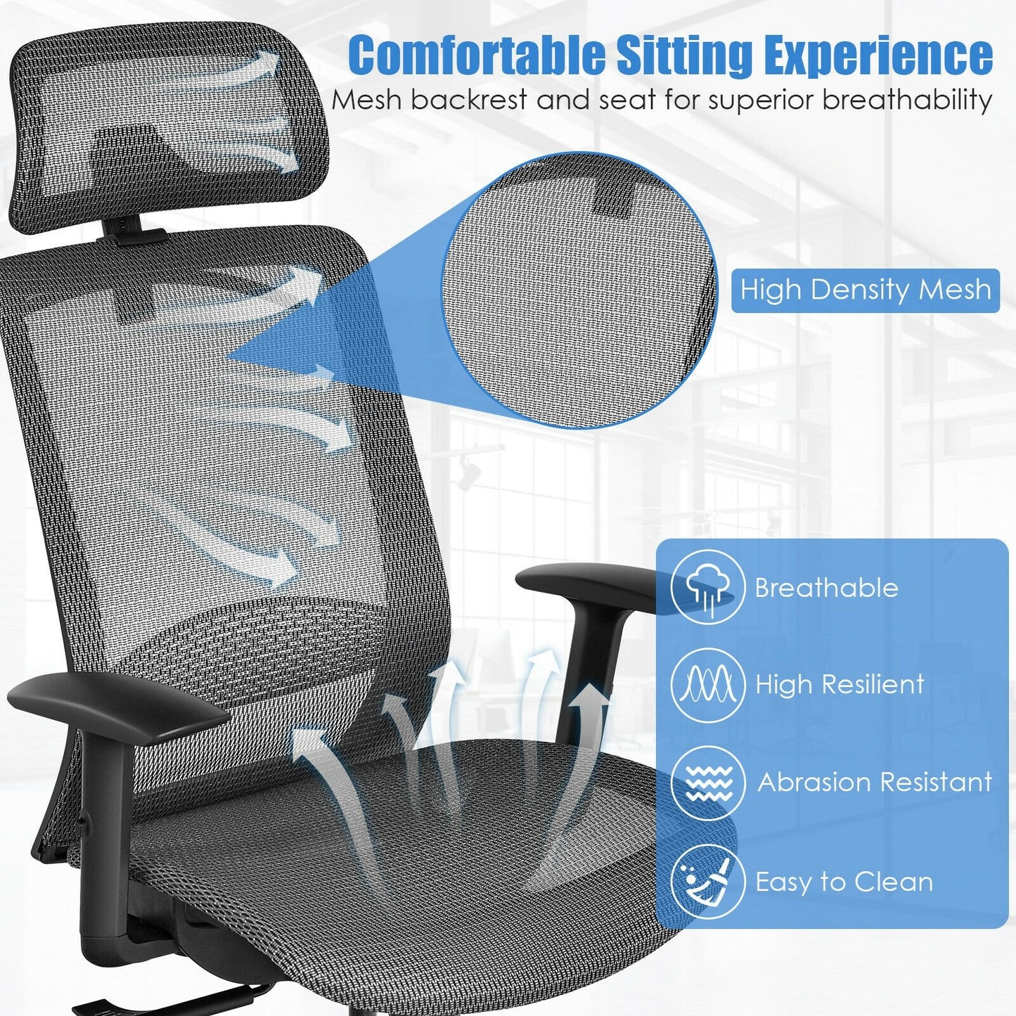 Height Adjustable Ergonomic High Back Mesh Office Chair with Hanger, Gray - Gallery Canada
