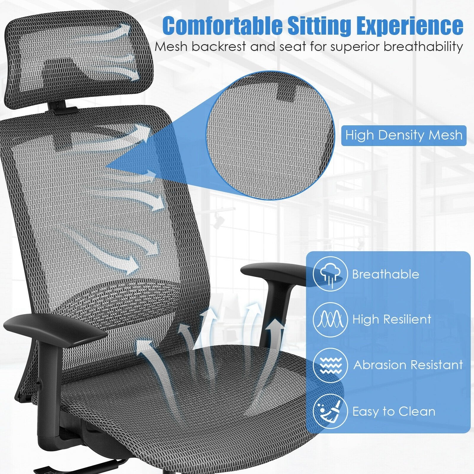 Height Adjustable Ergonomic High Back Mesh Office Chair with Hanger, Gray - Gallery Canada