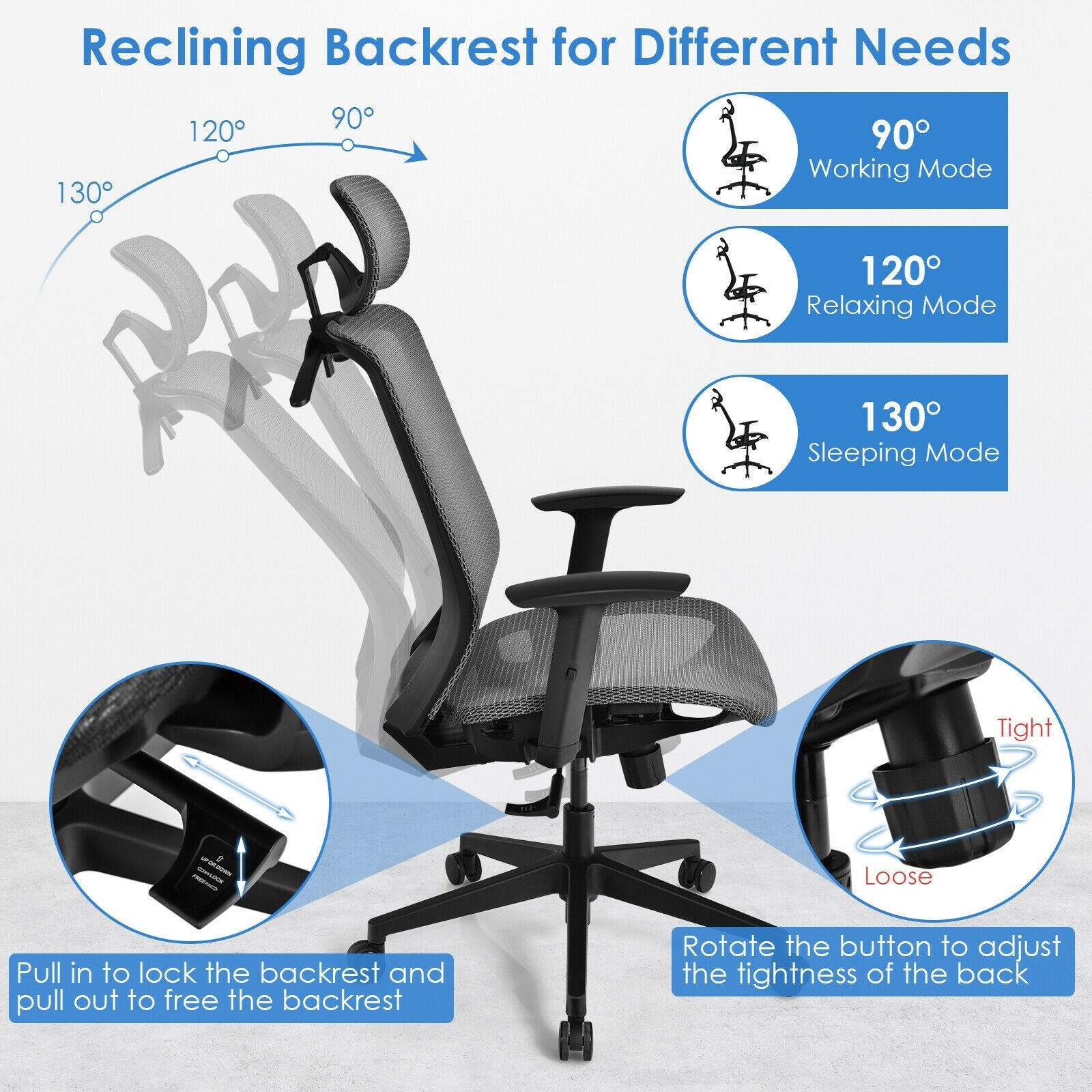 Height Adjustable Ergonomic High Back Mesh Office Chair with Hanger, Gray Ergonomic Chairs   at Gallery Canada