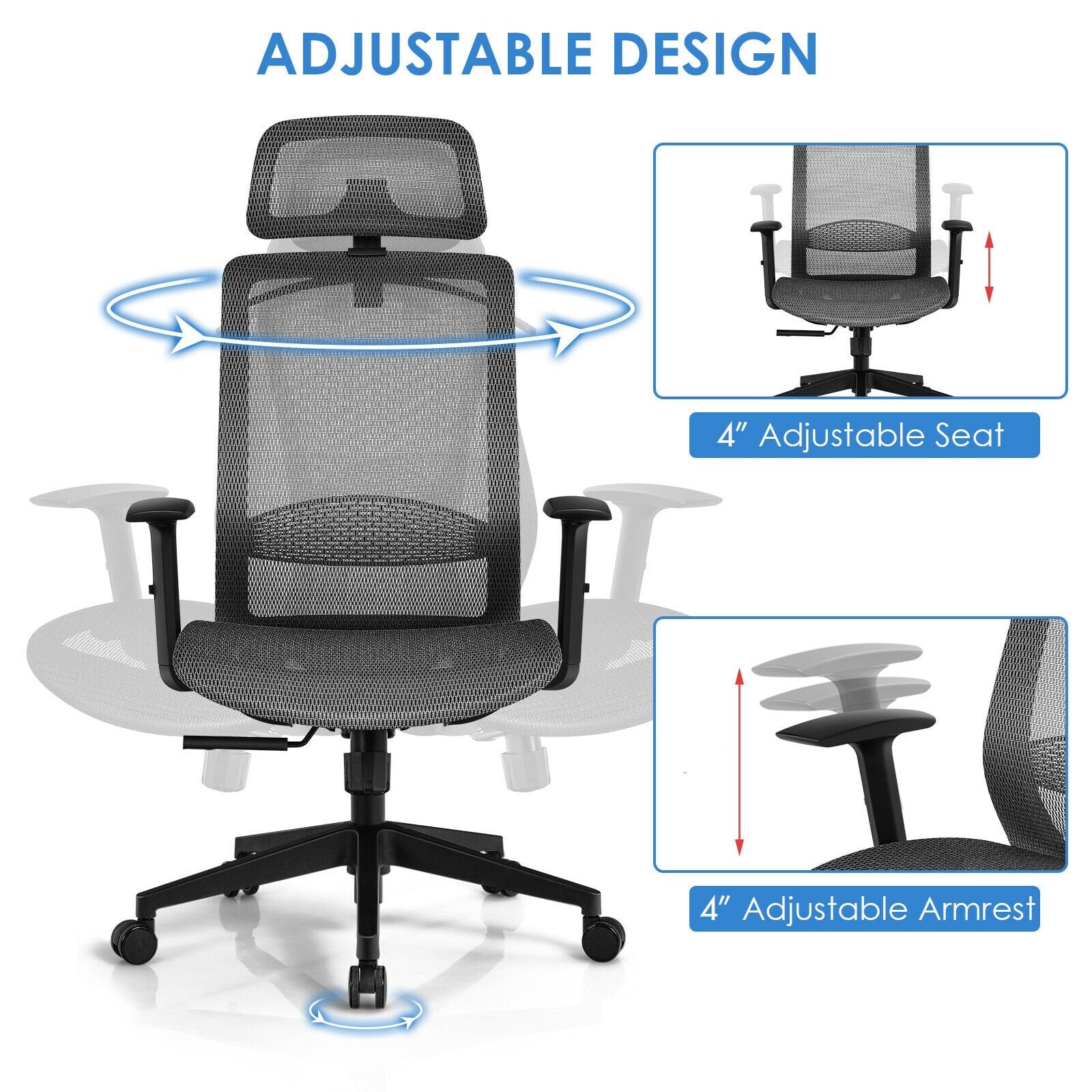 Height Adjustable Ergonomic High Back Mesh Office Chair with Hanger, Gray - Gallery Canada