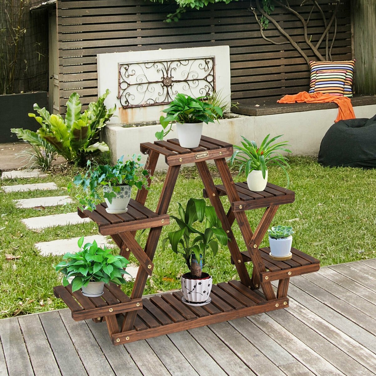 Wood Plant Stand Triangular Shelf 6 Pots Flower Shelf, Brown - Gallery Canada