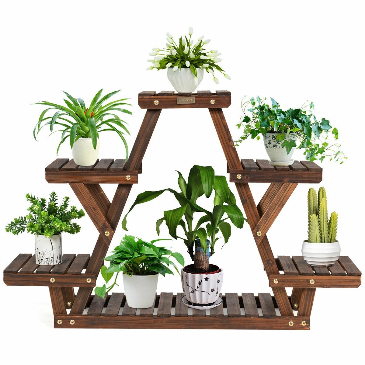 Wood Plant Stand Triangular Shelf 6 Pots Flower Shelf, Brown - Gallery Canada