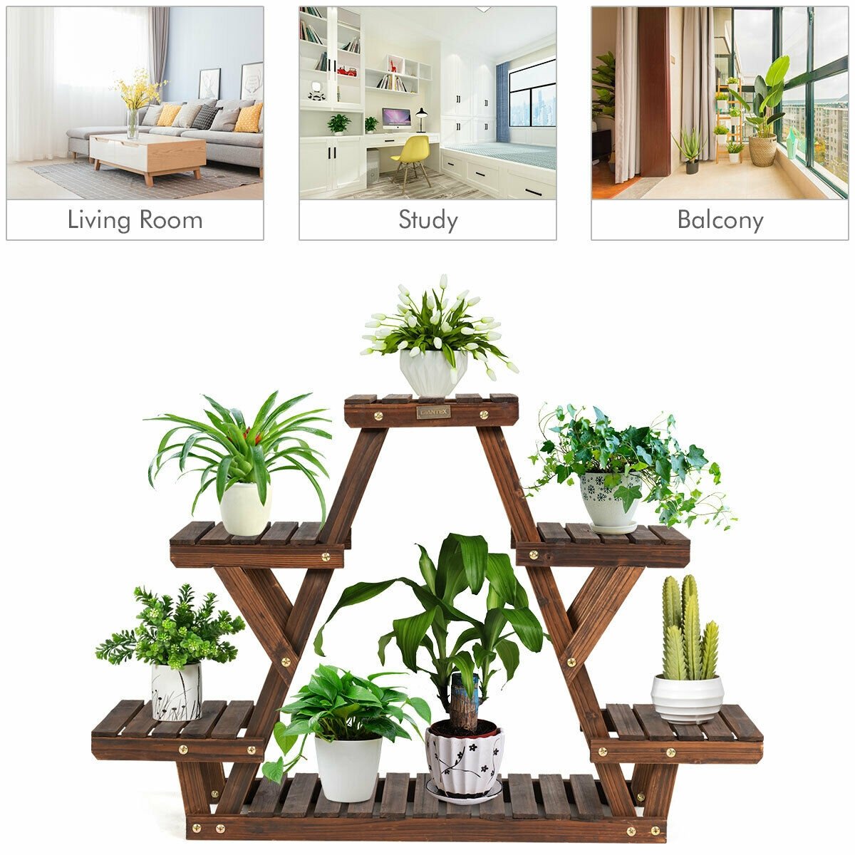 Wood Plant Stand Triangular Shelf 6 Pots Flower Shelf, Brown - Gallery Canada