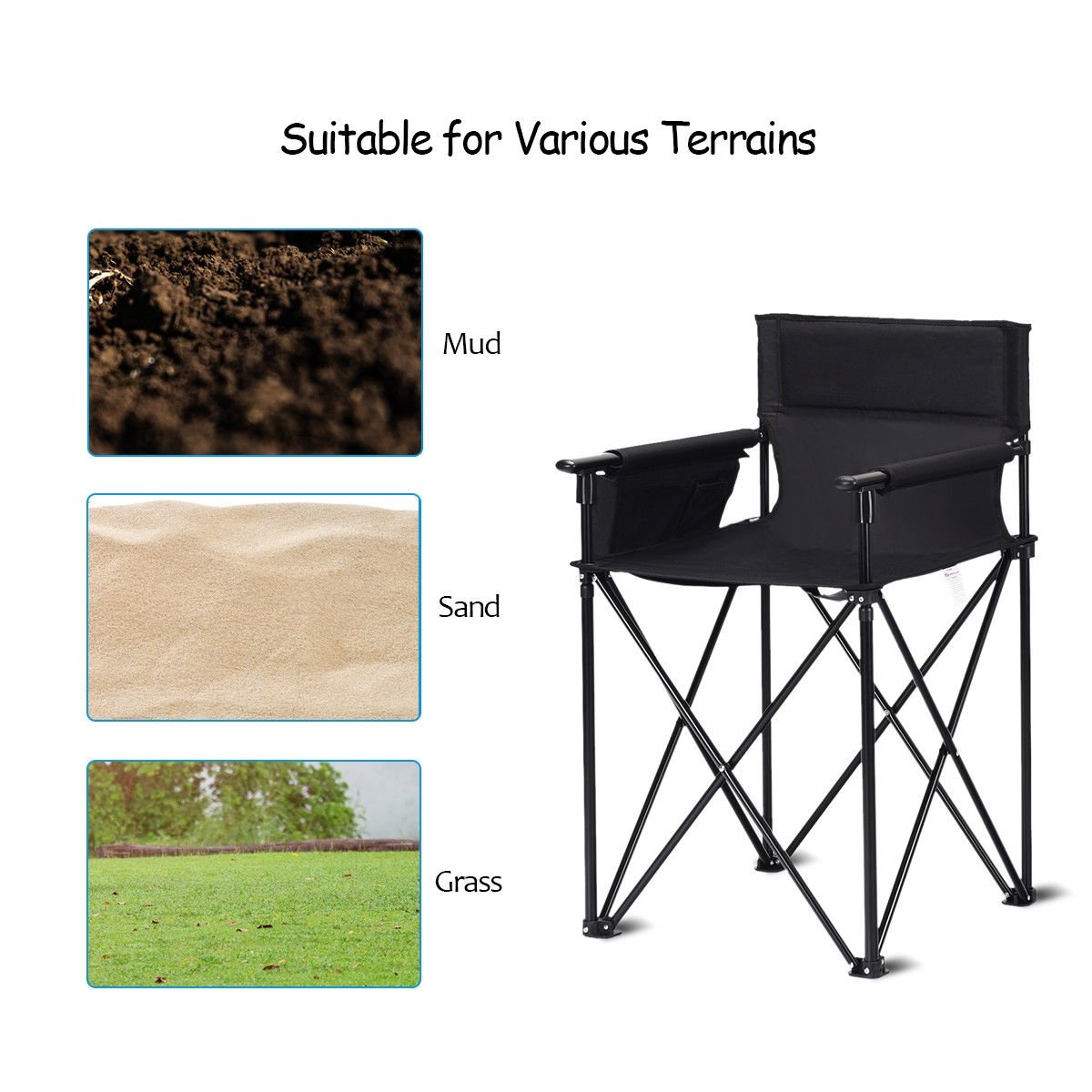 Portable 38 Inch Oversized High Camping Fishing Folding Chair, Black - Gallery Canada