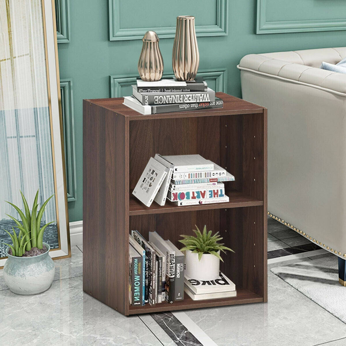 2-Layer Multifunctional Furniture Display Cabinet with Large Capacity Storage Space, Walnut Bookcases at Gallery Canada