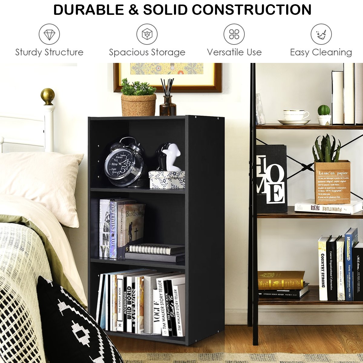 3 Open Shelf Bookcase Modern Storage Display Cabinet, Black Bookcases   at Gallery Canada