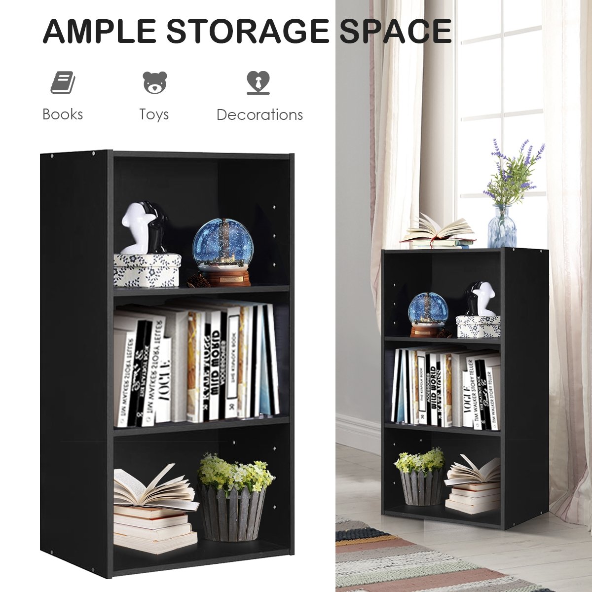 3 Open Shelf Bookcase Modern Storage Display Cabinet, Black Bookcases   at Gallery Canada