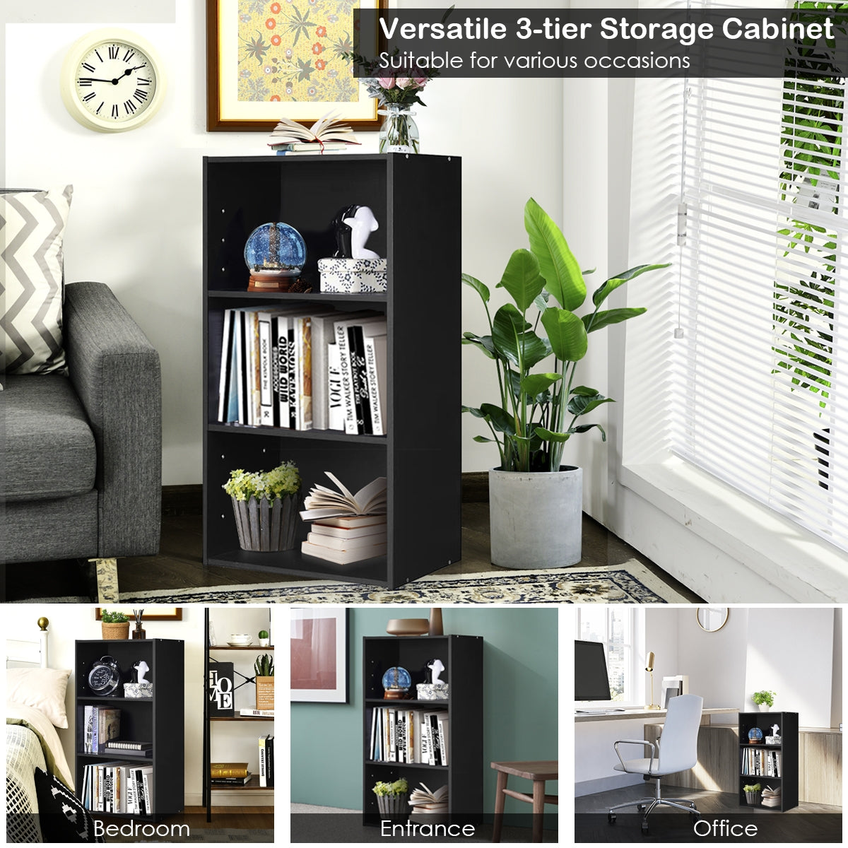 3 Open Shelf Bookcase Modern Storage Display Cabinet, Black Bookcases   at Gallery Canada