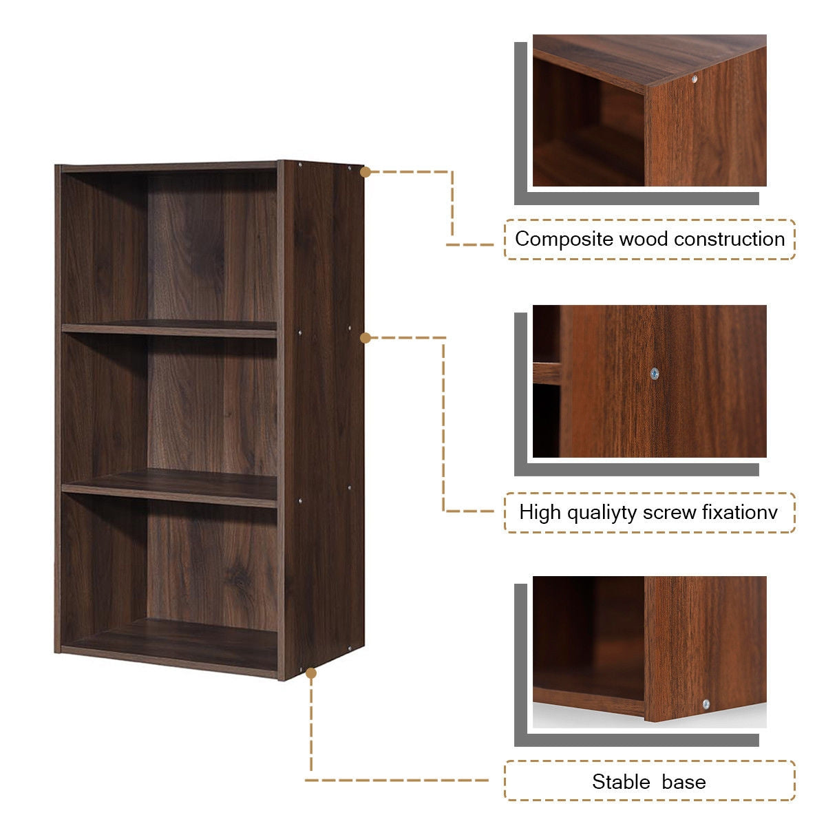 3 Open Shelf Bookcase Modern Storage Display Cabinet, Walnut Bookcases   at Gallery Canada