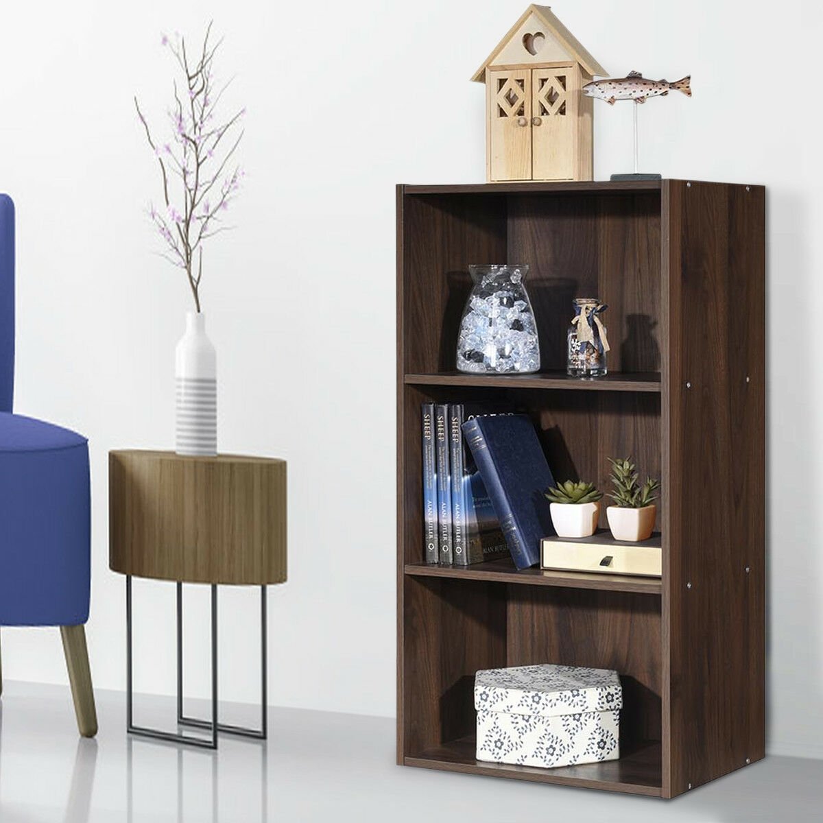 3 Open Shelf Bookcase Modern Storage Display Cabinet, Walnut Bookcases   at Gallery Canada