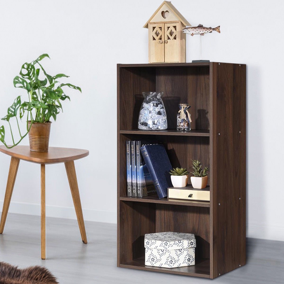 3 Open Shelf Bookcase Modern Storage Display Cabinet, Walnut Bookcases   at Gallery Canada