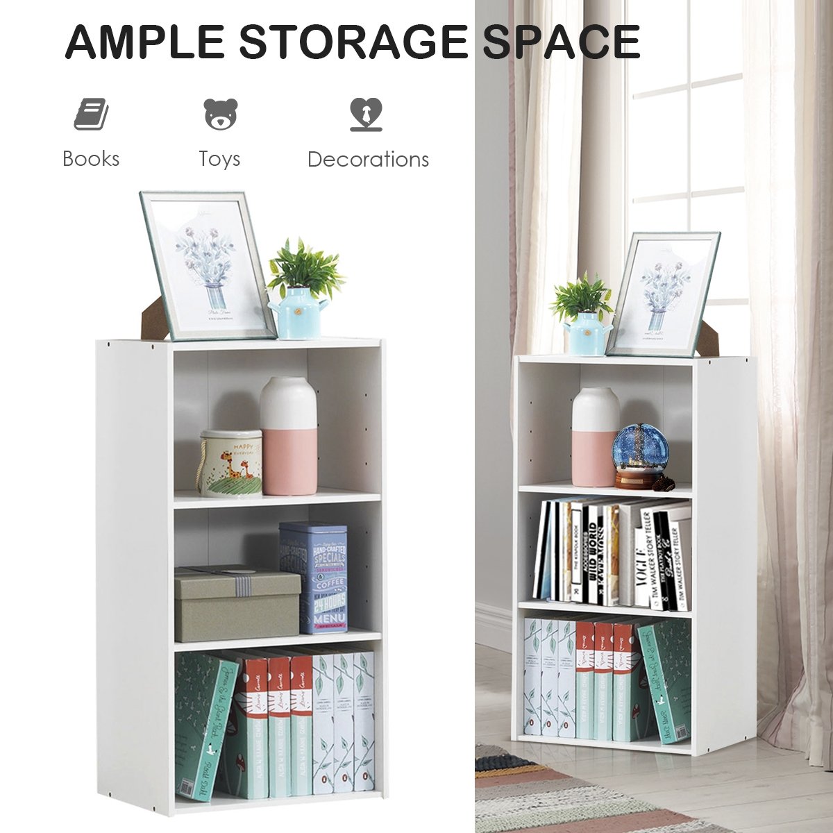 3 Open Shelf Bookcase Modern Storage Display Cabinet, White Bookcases   at Gallery Canada