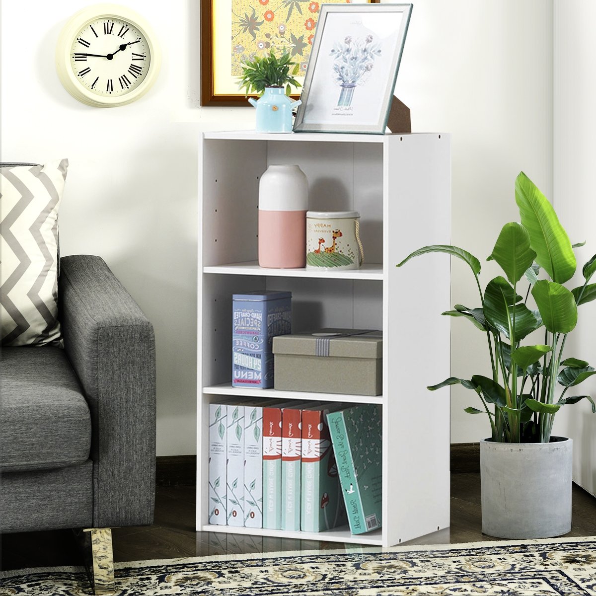 3 Open Shelf Bookcase Modern Storage Display Cabinet, White Bookcases   at Gallery Canada