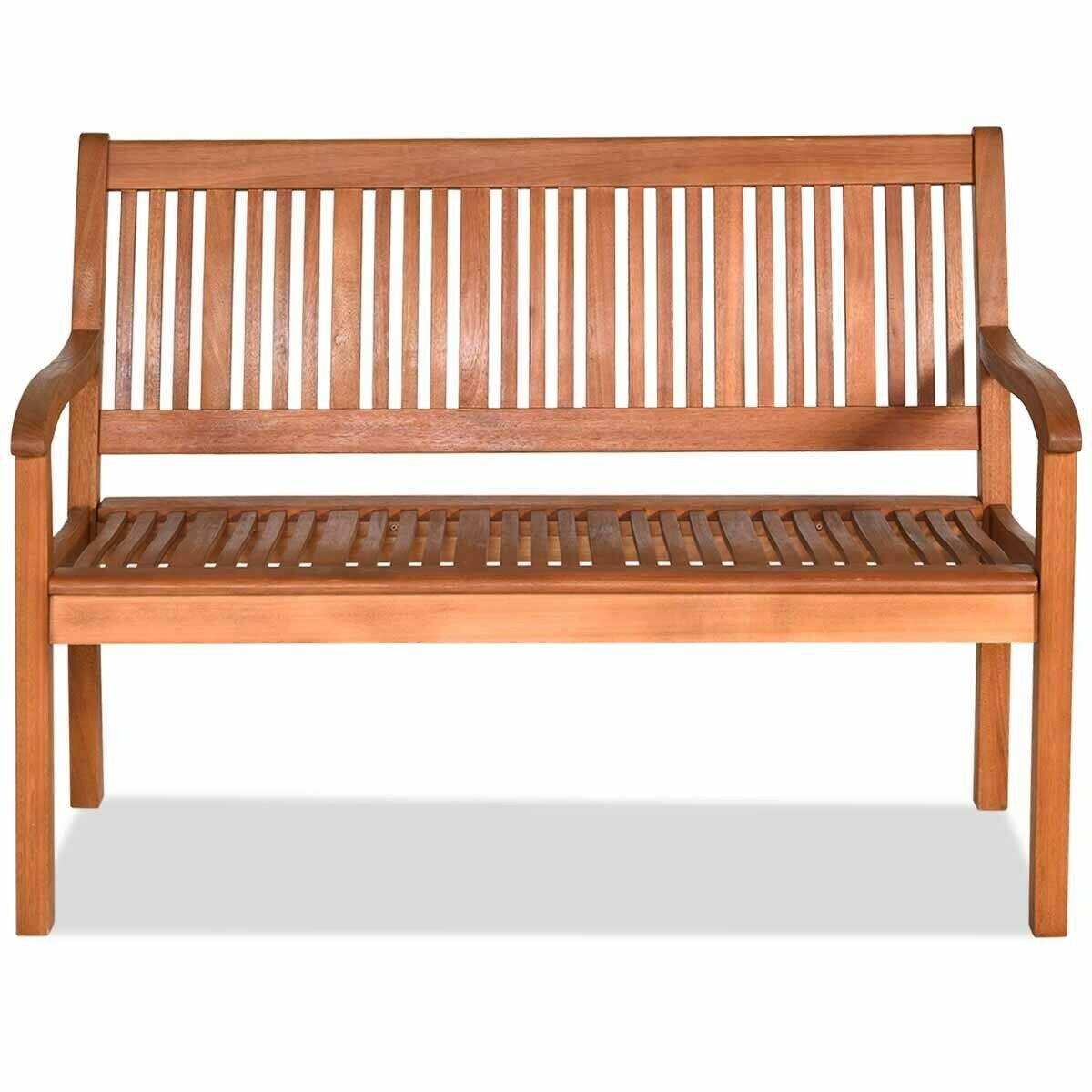 Two Person Solid Wood Garden Bench with Curved Backrest and Wide Armrest, Natural Outdoor Benches   at Gallery Canada