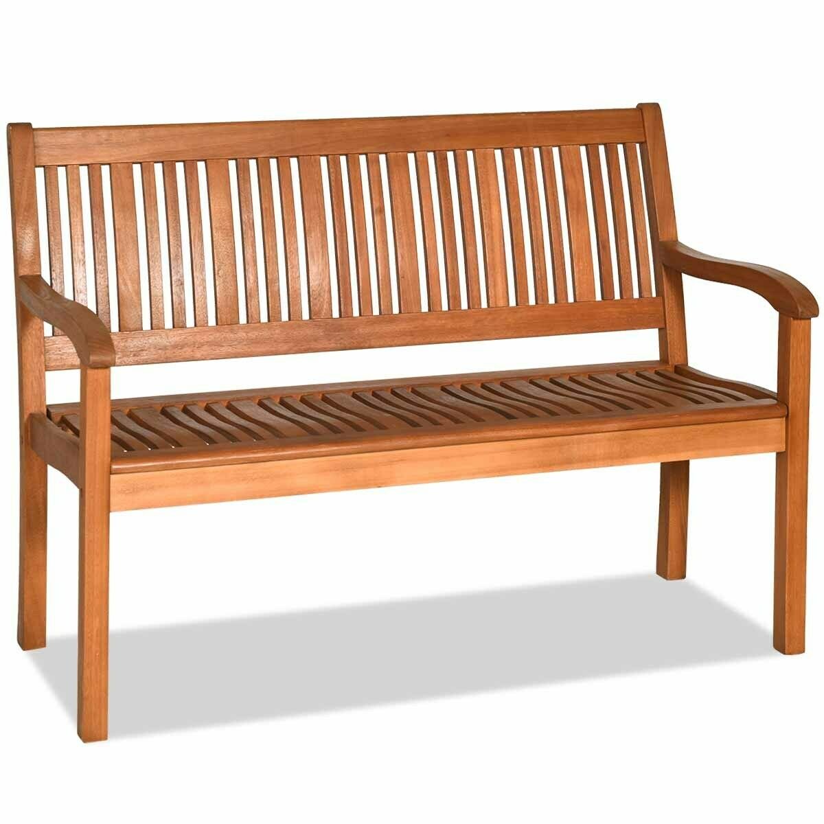 Two Person Solid Wood Garden Bench with Curved Backrest and Wide Armrest, Natural Outdoor Benches   at Gallery Canada