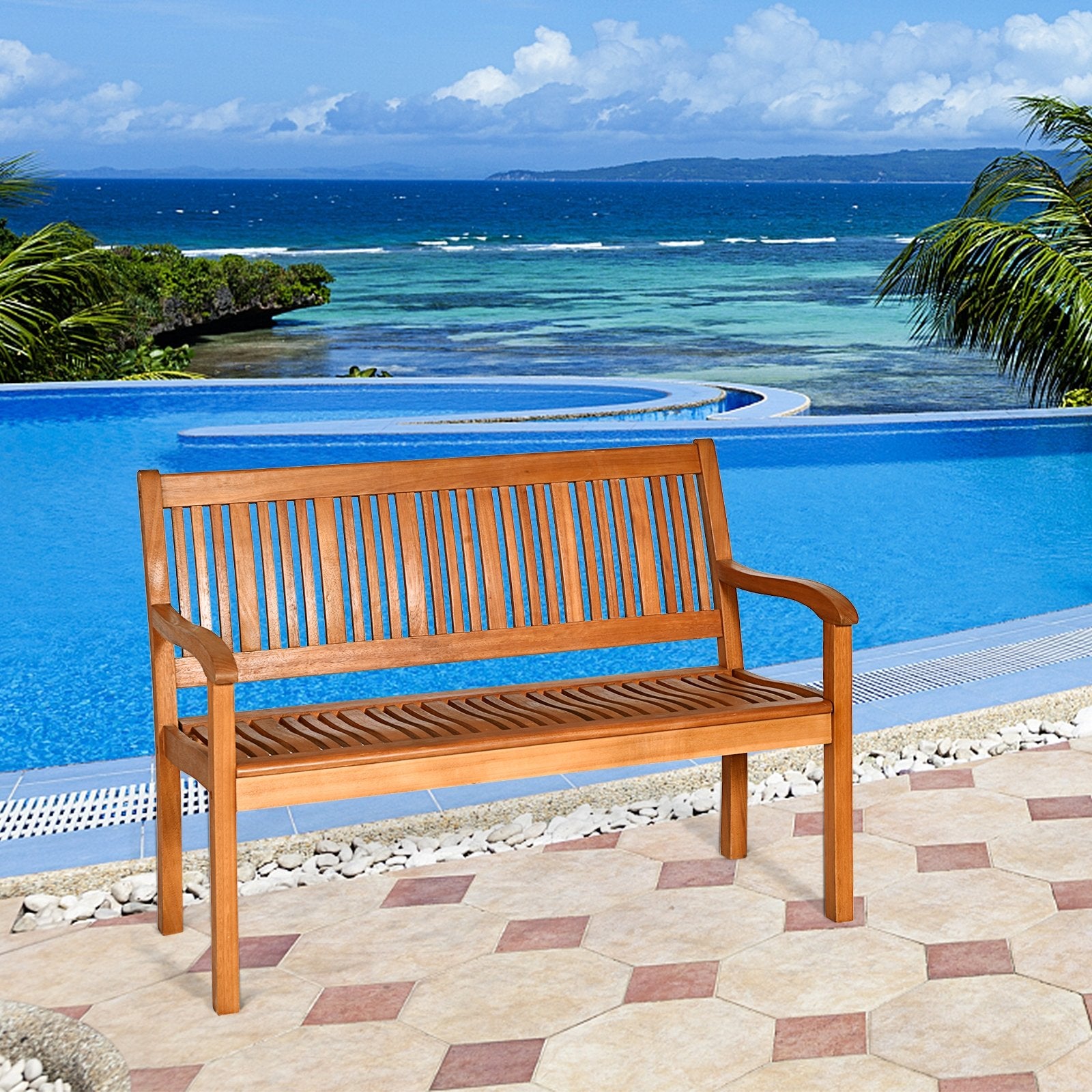 Two Person Solid Wood Garden Bench with Curved Backrest and Wide Armrest, Natural Outdoor Benches   at Gallery Canada