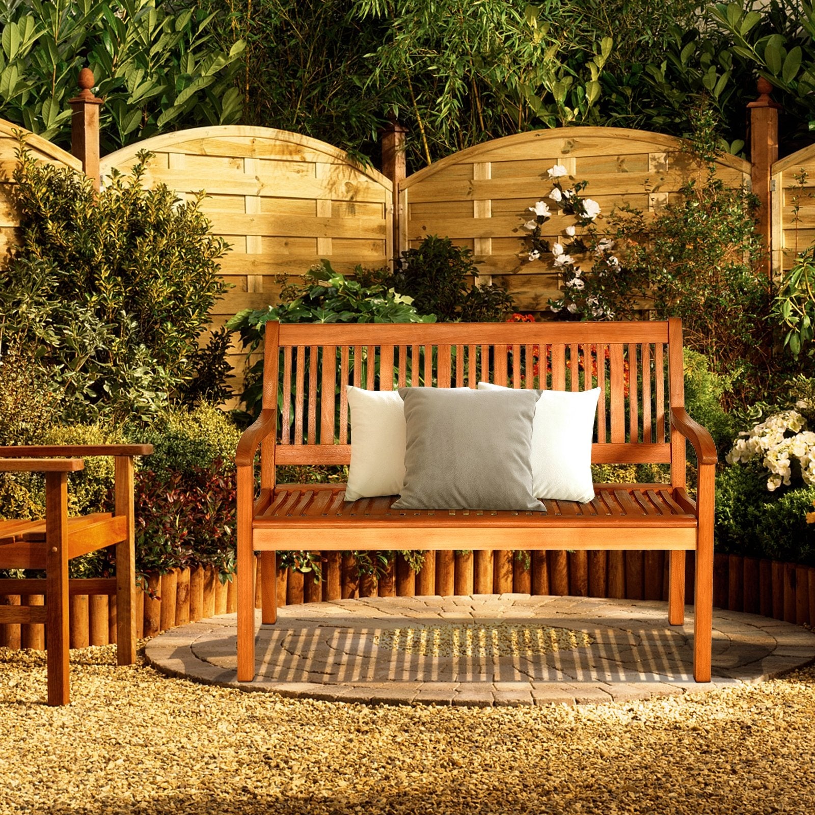 Two Person Solid Wood Garden Bench with Curved Backrest and Wide Armrest, Natural Outdoor Benches   at Gallery Canada