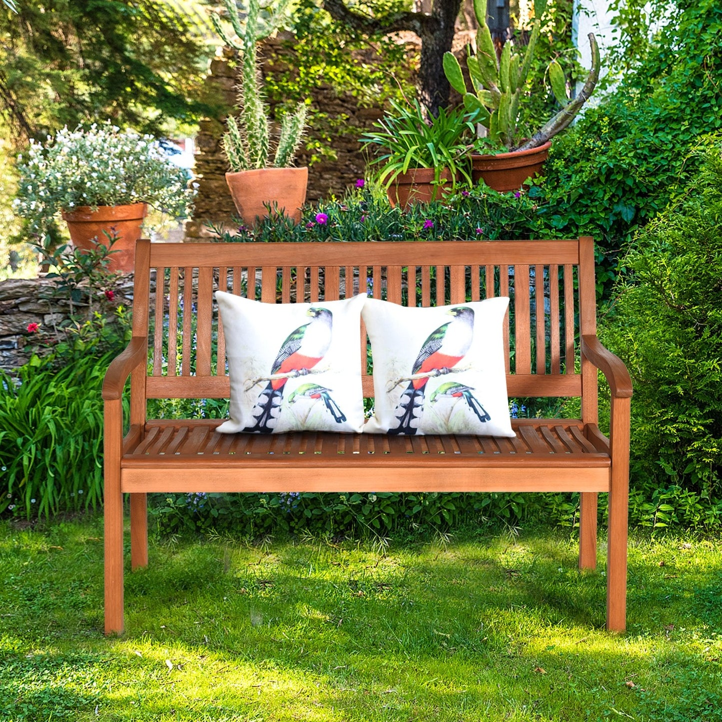 Two Person Solid Wood Garden Bench with Curved Backrest and Wide Armrest, Natural Outdoor Benches   at Gallery Canada