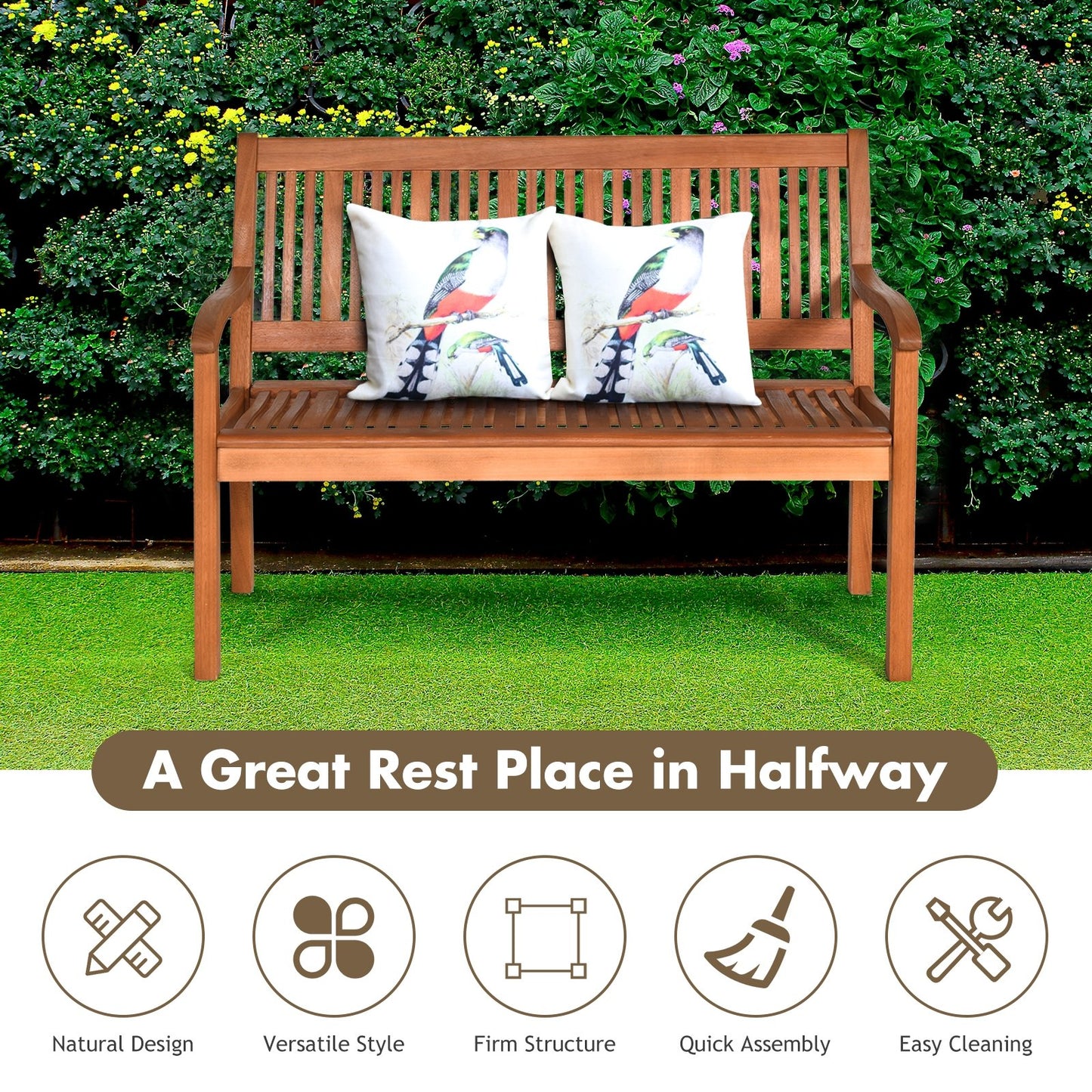 Two Person Solid Wood Garden Bench with Curved Backrest and Wide Armrest, Natural Outdoor Benches   at Gallery Canada