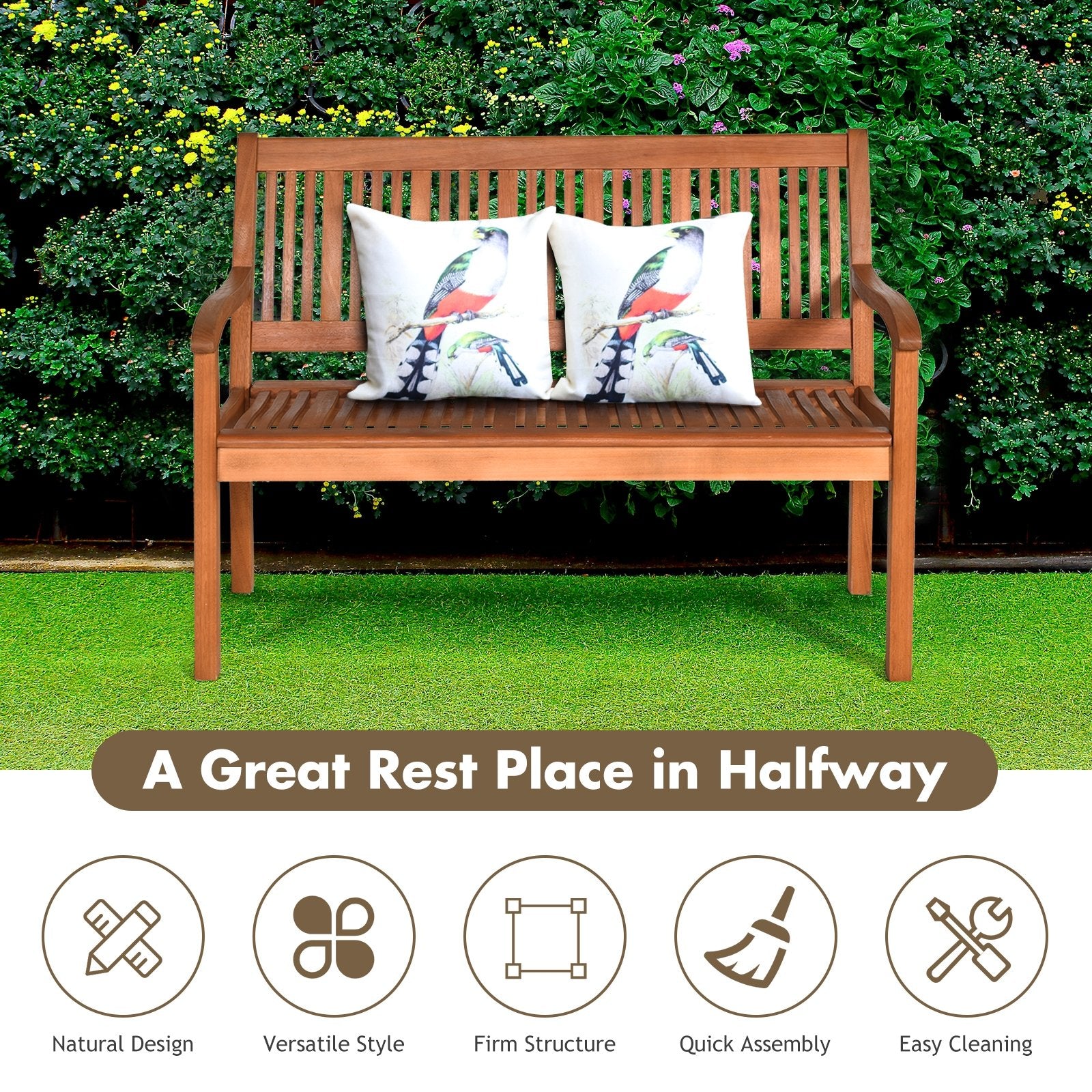 Two Person Solid Wood Garden Bench with Curved Backrest and Wide Armrest, Natural Outdoor Benches   at Gallery Canada