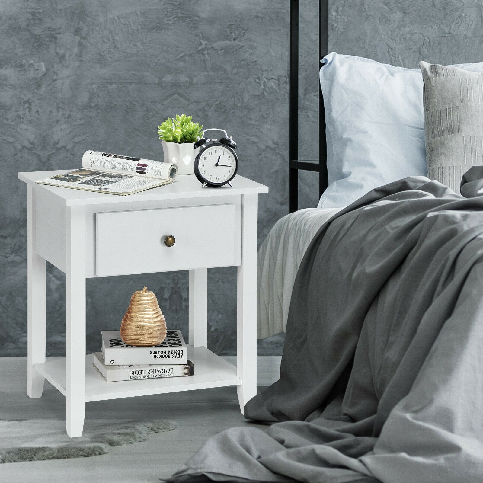 Nightstand with Drawer and Storage Shelf for Bedroom Living Room, White Nightstands   at Gallery Canada