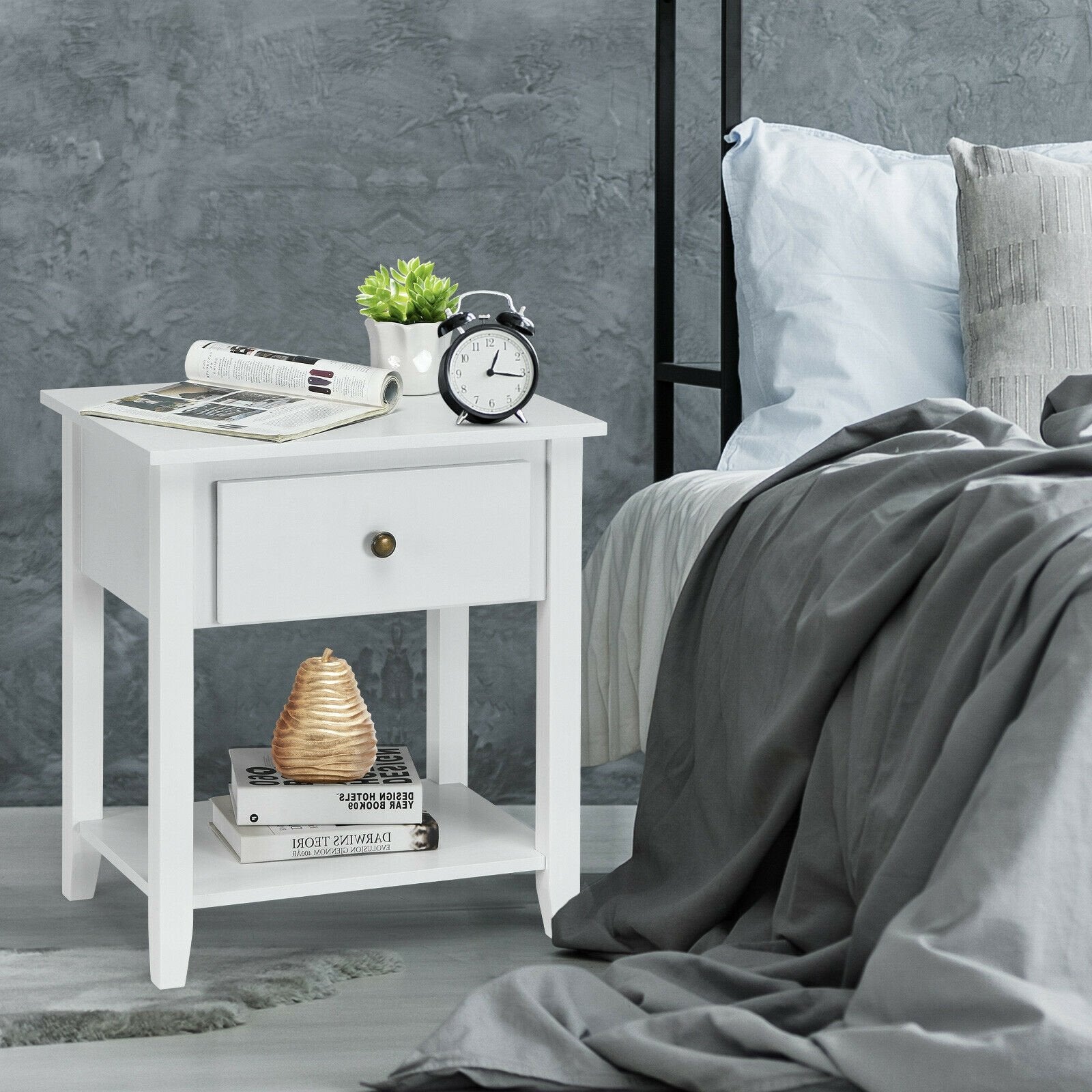 Nightstand with Drawer and Storage Shelf for Bedroom Living Room, White - Gallery Canada
