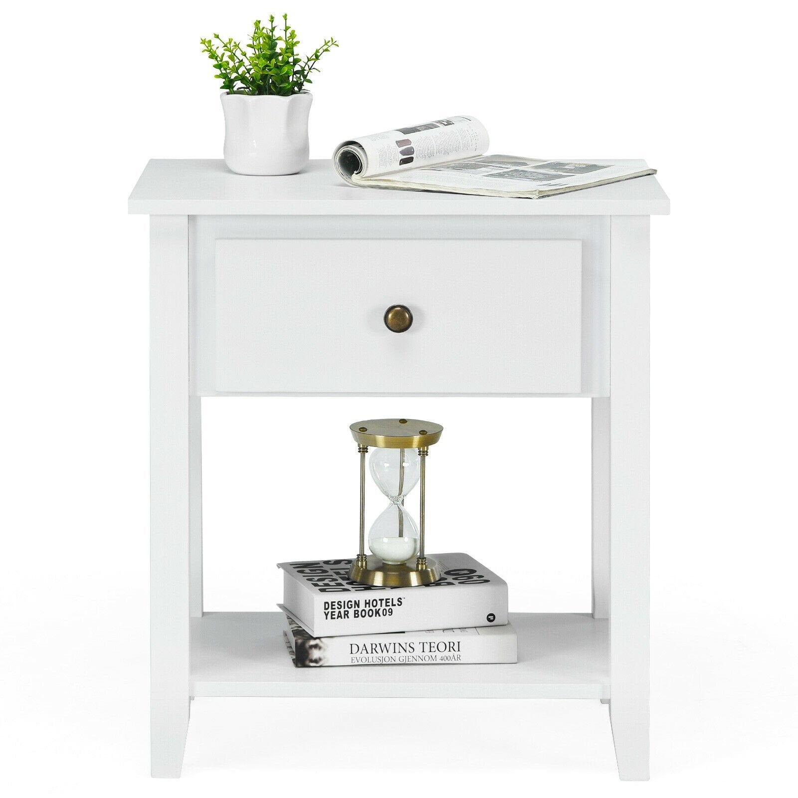 Nightstand with Drawer and Storage Shelf for Bedroom Living Room, White - Gallery Canada