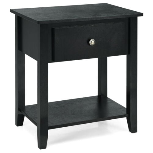 Nightstand with Drawer and Storage Shelf for Bedroom Living Room, Black Nightstands   at Gallery Canada