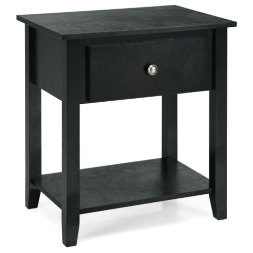 Nightstand with Drawer and Storage Shelf for Bedroom Living Room, Black