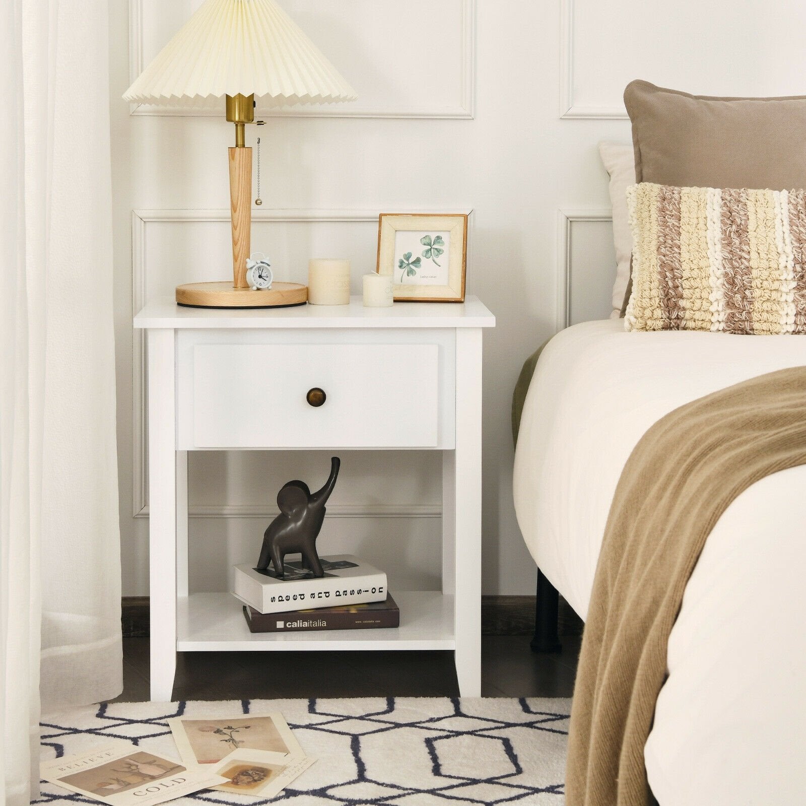 Nightstand with Drawer and Storage Shelf for Bedroom Living Room, White - Gallery Canada