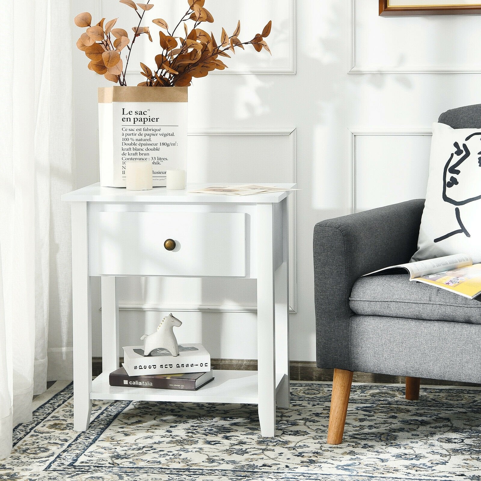 Nightstand with Drawer and Storage Shelf for Bedroom Living Room, White Nightstands   at Gallery Canada