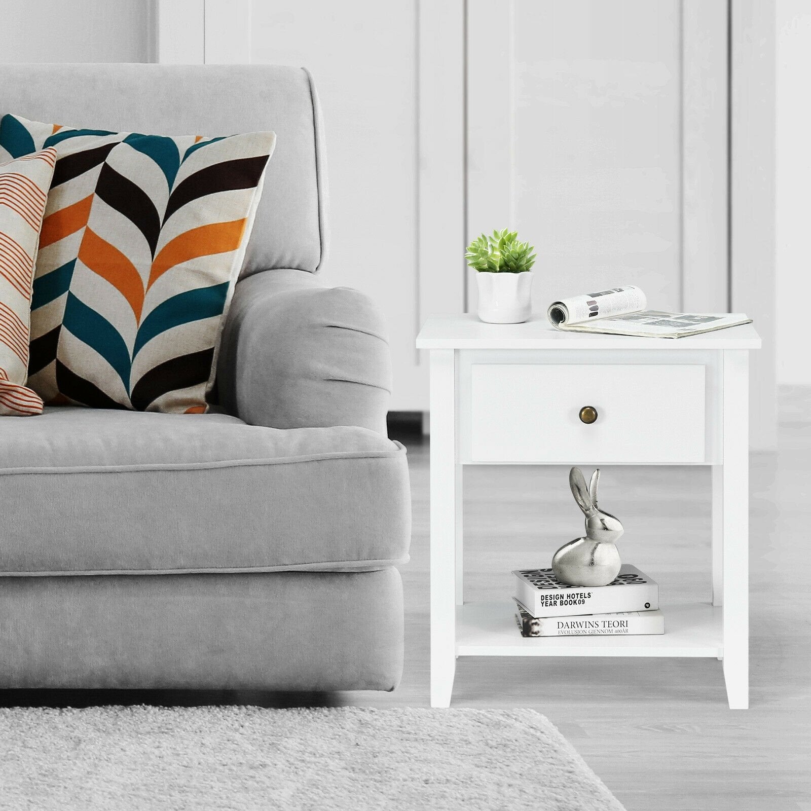 Nightstand with Drawer and Storage Shelf for Bedroom Living Room, White Nightstands   at Gallery Canada