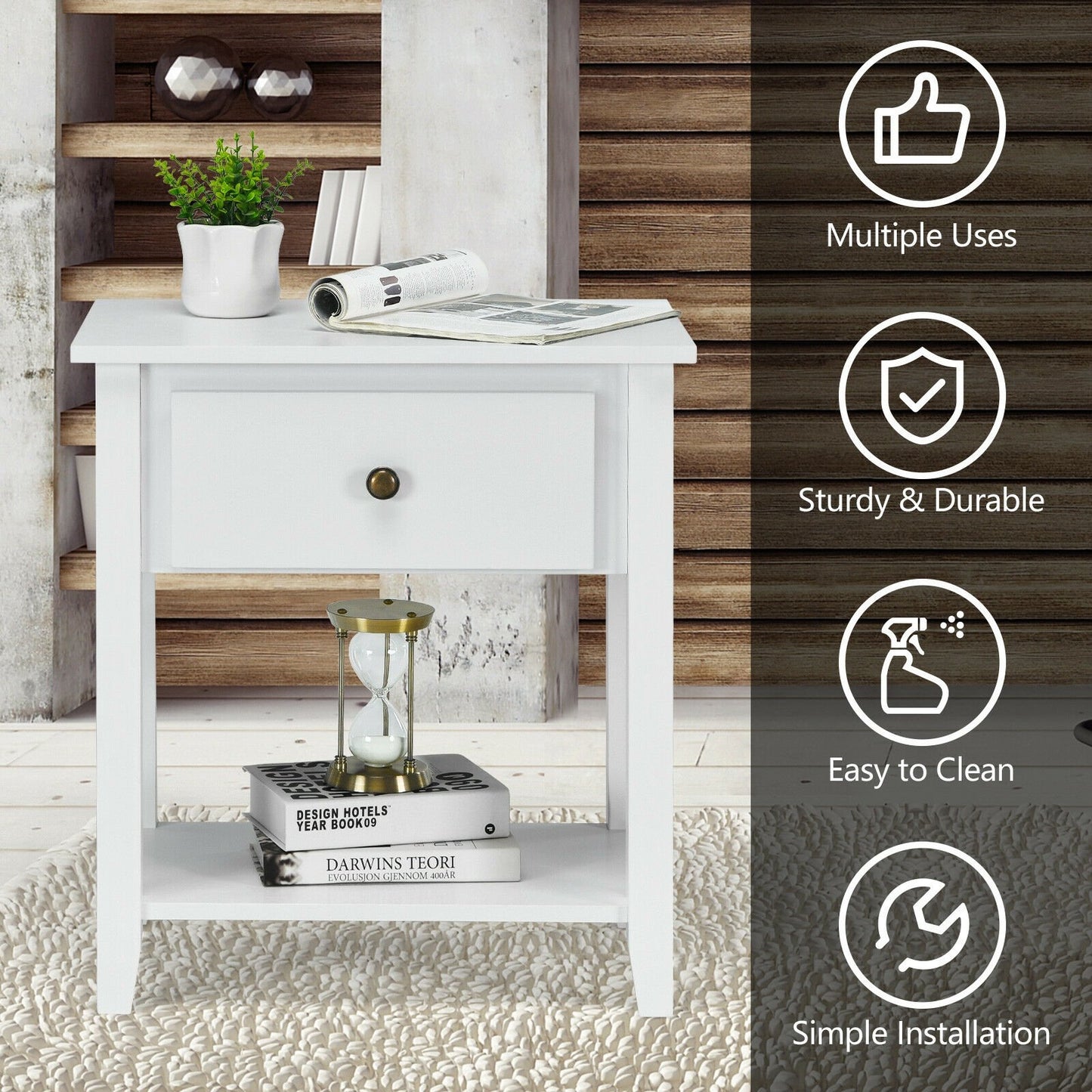 Nightstand with Drawer and Storage Shelf for Bedroom Living Room, White - Gallery Canada