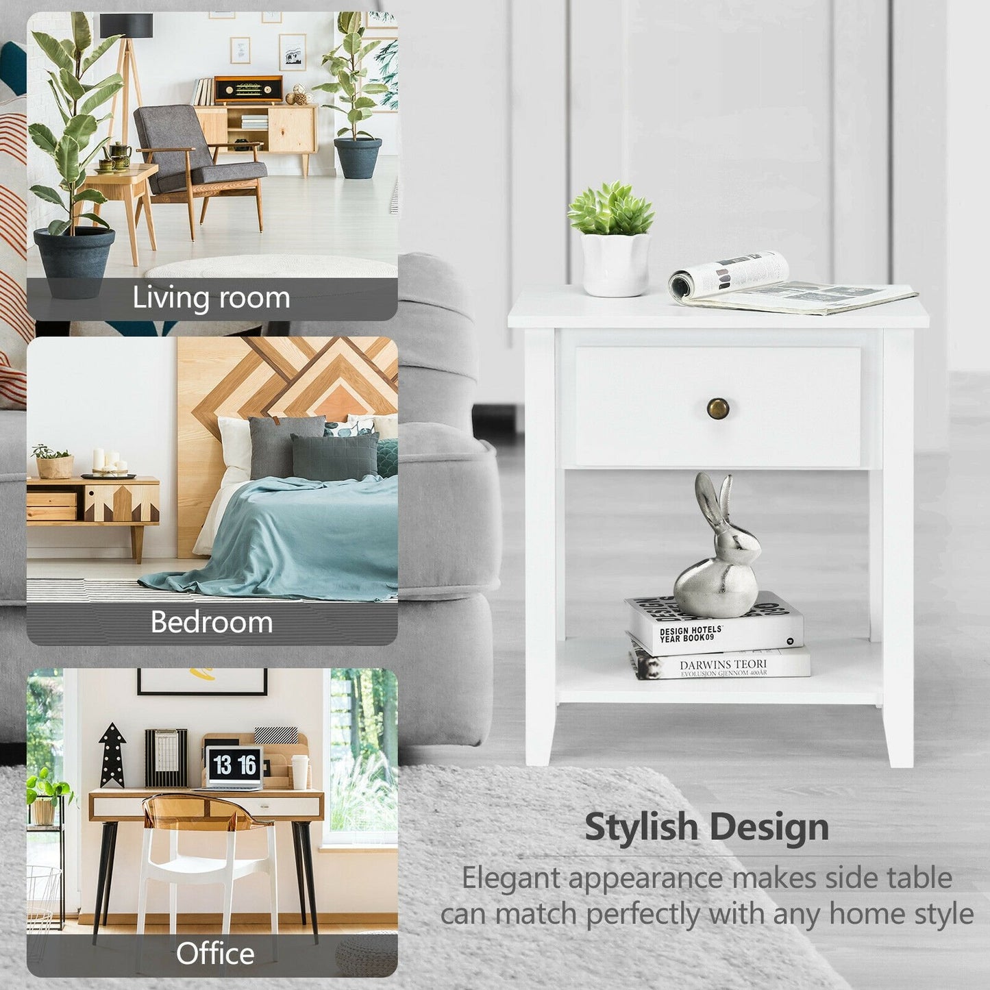 Nightstand with Drawer and Storage Shelf for Bedroom Living Room, White Nightstands   at Gallery Canada