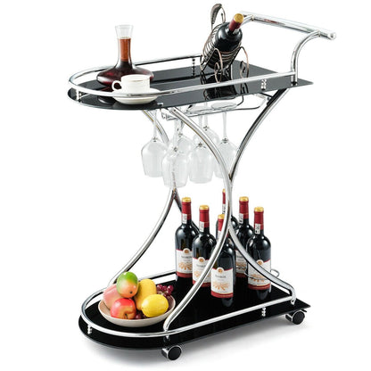 Glass Serving Cart with Metal Frame and 2 Tempered Glass Shelves, Black - Gallery Canada