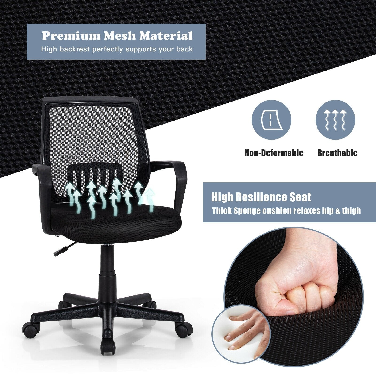 Mid-Back Mesh Height Adjustable Executive Chair with Lumbar Support, Black Mesh Chairs   at Gallery Canada